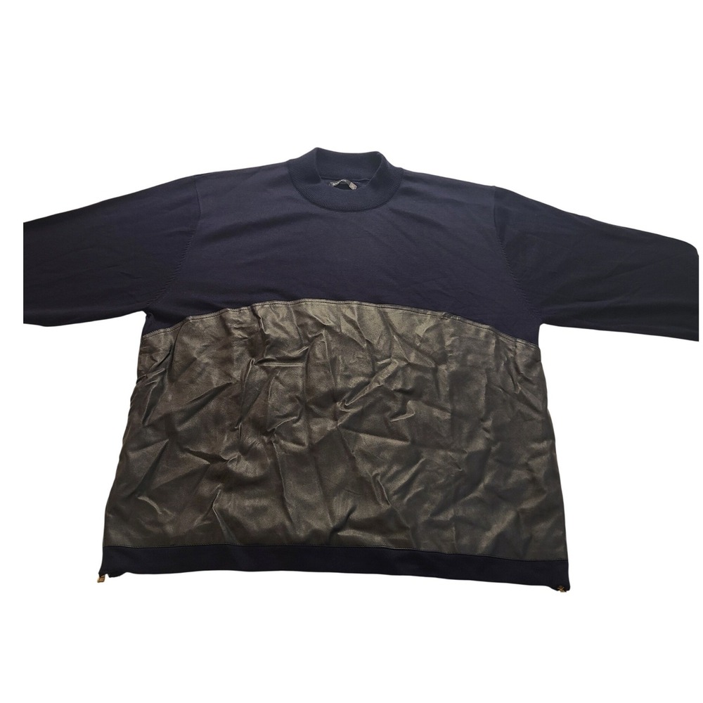 Bagazio Mens XL Navy Blue Mock Neck Sweater Faux Leather Front Panel Mixed Media